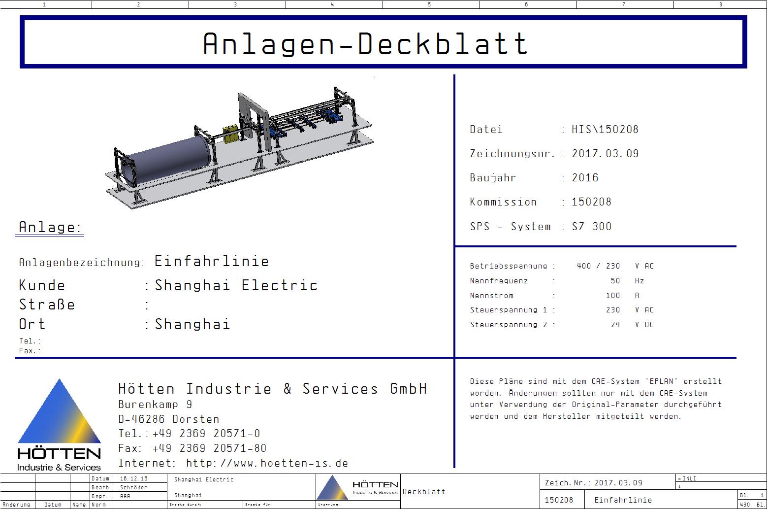 Schaltplan Anlagendeckblatt